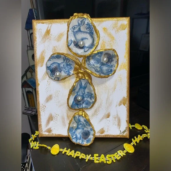 HANDMADE EASTER DECOUPAGE OYSTER SHELL CROSS. - Picture 8 of 13